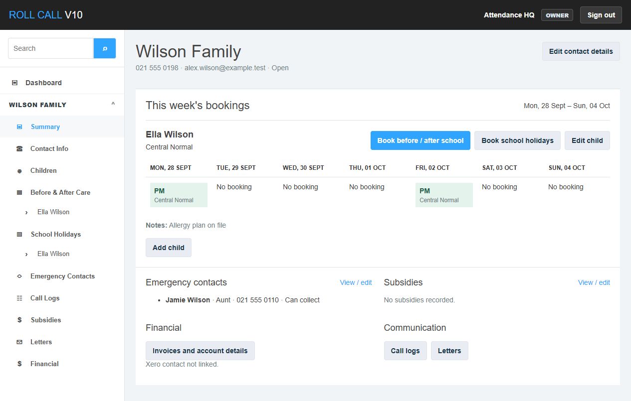 Roll Call family summary showing current-week bookings and family navigation